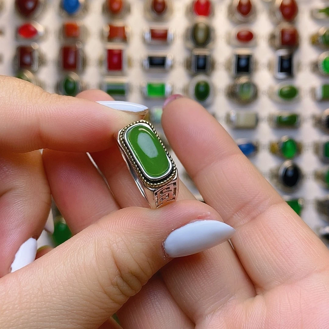 和田玉戒指银S925镶嵌墨*