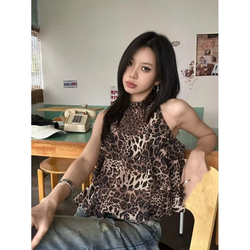 【青青】千禧小豹子豹纹印花荷叶边无袖辣妹背心#S25632无运补