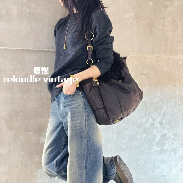 95新 Prada/普拉达 复燃精选/航海系列油蜡皮羊羔毛托特包