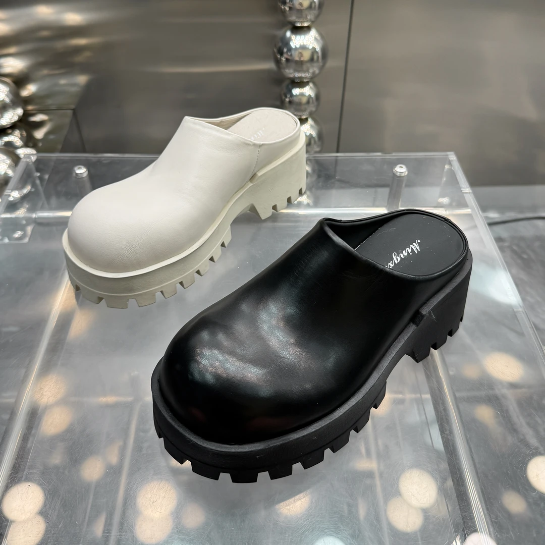 【现货】2025夏季新款松糕厚底包头半拖鞋女复古简约真皮拖鞋6696-1