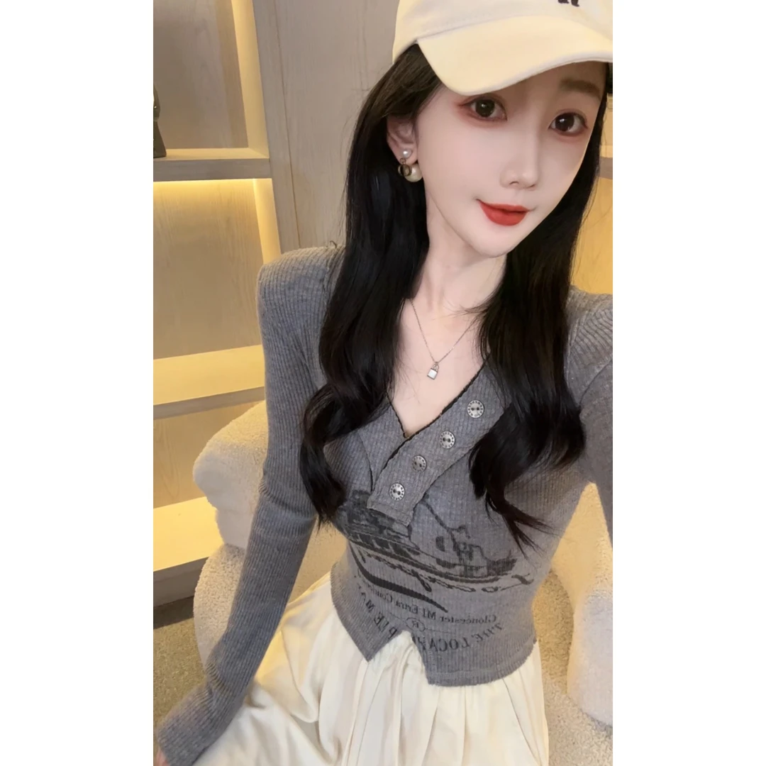 【娜哥065】秋装T恤女长袖螺纹打底衫辣妹修身秋季网红洋气炸街女装