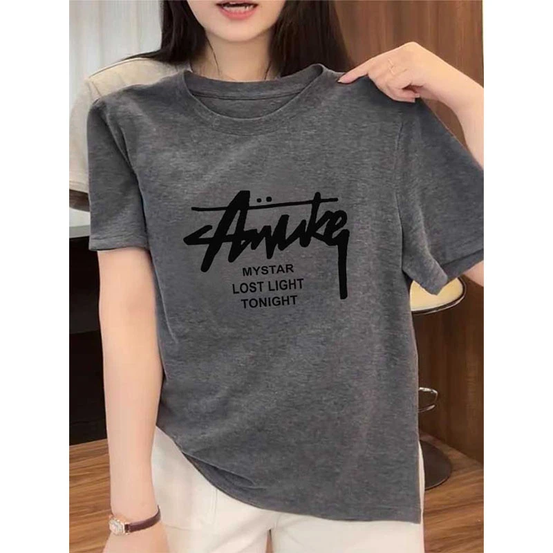 2025新款正肩短袖t恤女时尚百搭宽松休闲深灰色上衣打底衫春夏季