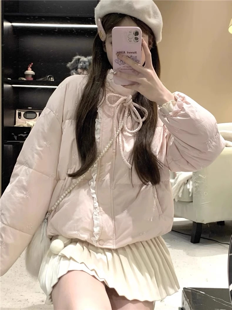 棉衣绣花学生立领百搭外套短款蝴蝶结宽松棉服韩版时尚保暖蝴蝶潮