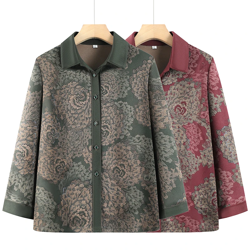 F178 妈妈装春秋款洋气撞色衬衫中老年纽扣开衫上衣奶奶花色衬衣