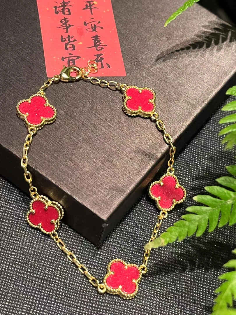 含辰砂工艺品万山高品质透光红晶砂手链四叶草朱砂女款本命年