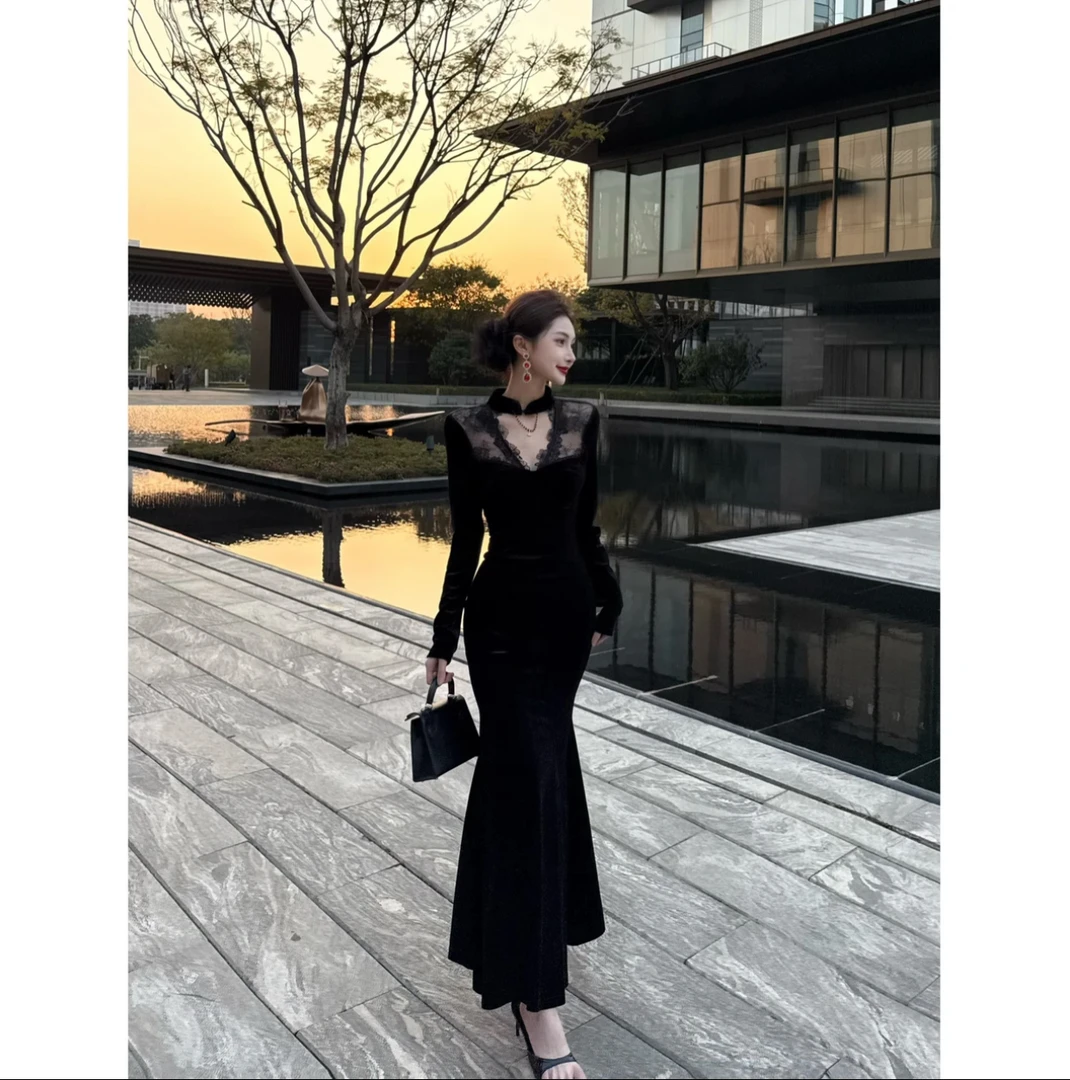 秋冬新款复古气质长款拼接连衣裙黑色长袖开叉显瘦收腰法式鱼尾裙