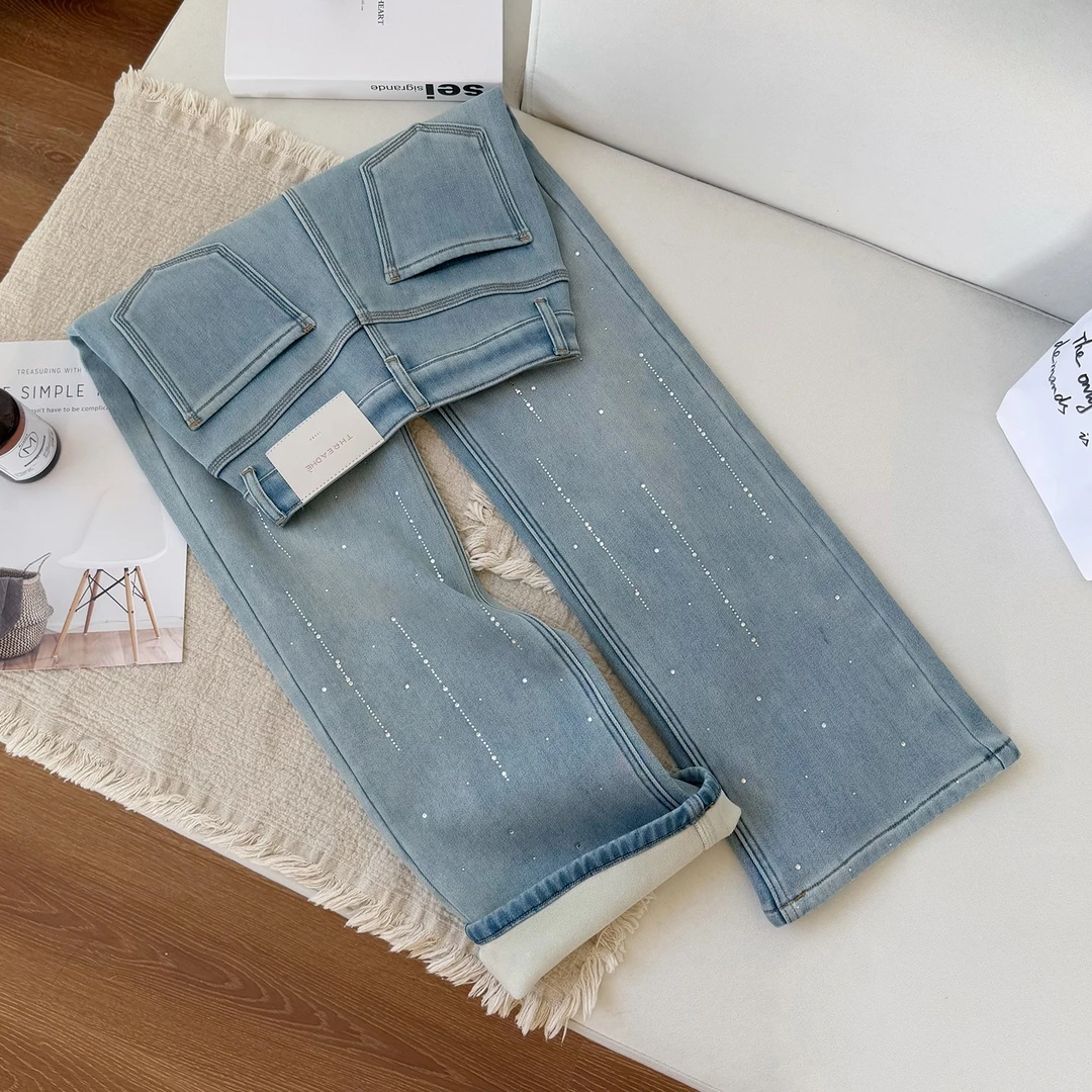 水晶蓝烫钻弹力加绒牛仔裤女2025冬季新款高腰百搭窄版显瘦直筒裤