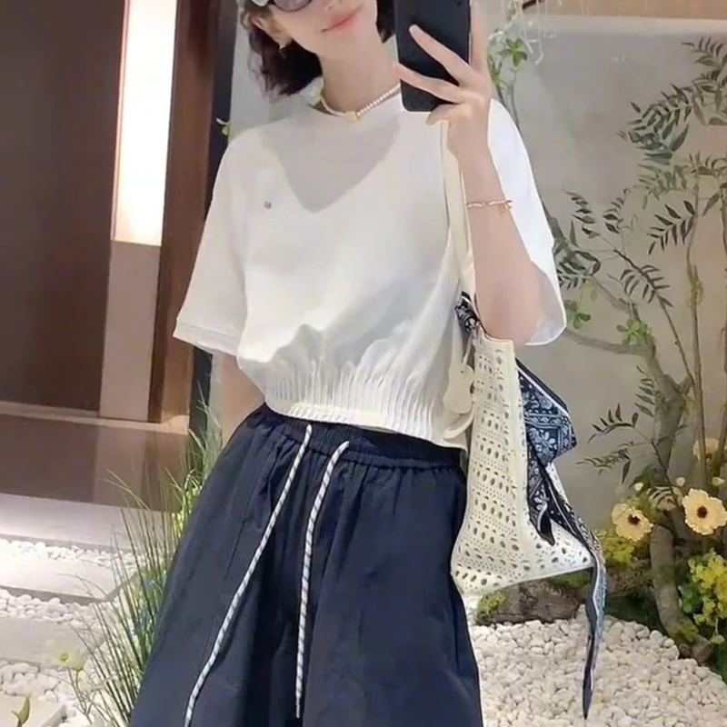 欧洲站夏新款欧货时尚圆领侧装饰拼下摆褶皱短袖T恤女气质上衣