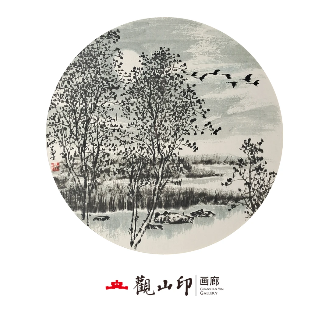 WHG原创手绘国画52x52cm中式古风山水书房办公室茶室卧室5101