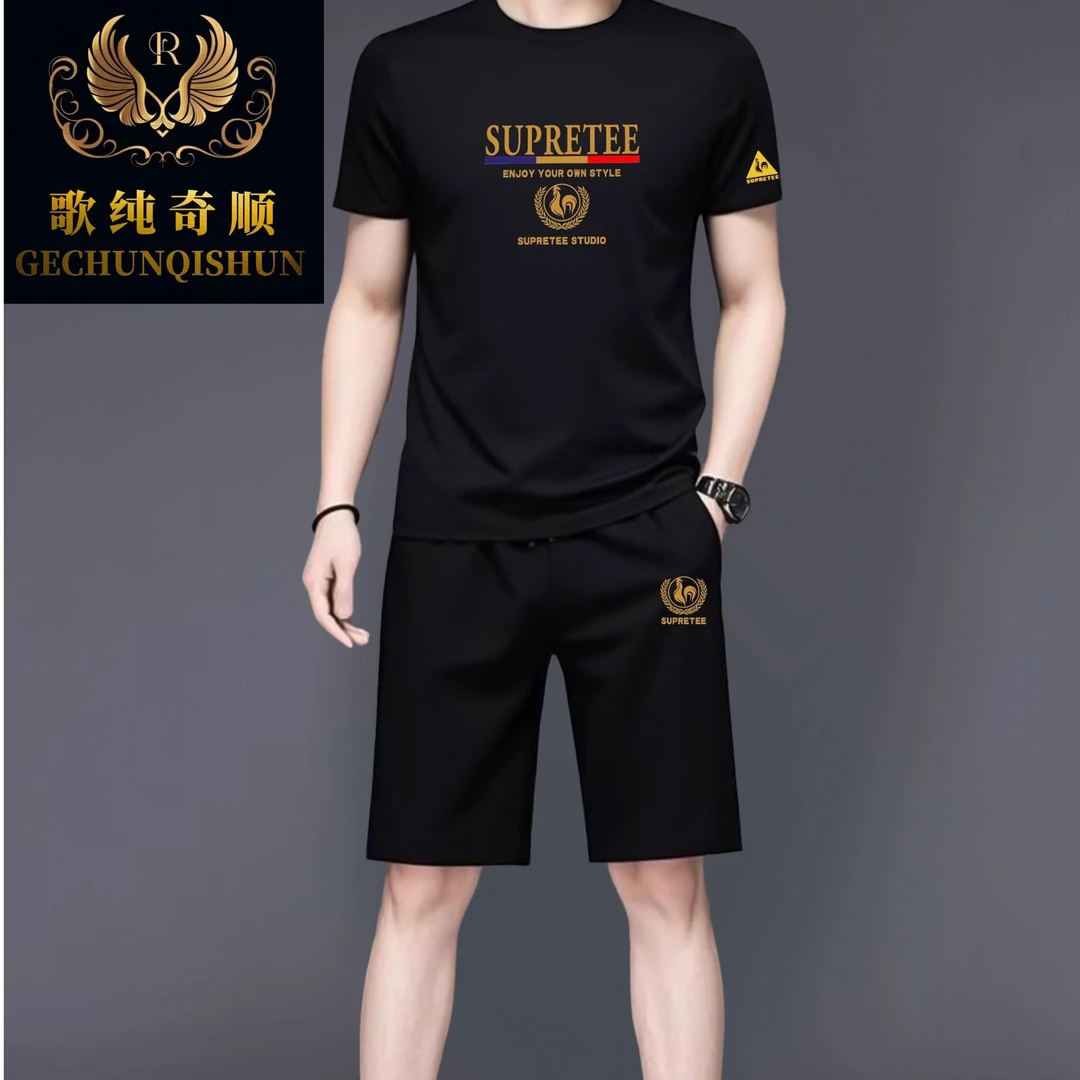 夏季休闲套装男士薄款速干冰丝短袖t恤青年跑步运动服短裤两件套