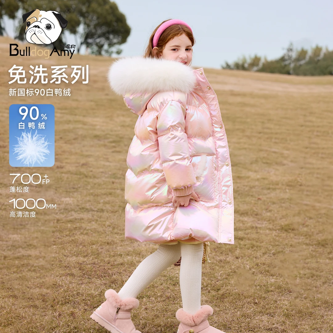 馋嘴狗童装女童真狐狸毛领国风羽绒服2025冬装新款洋气中长款外套