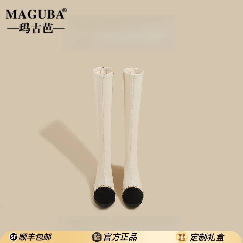 玛古芭女士新款粗高跟长靴轻奢时尚圆头拼接骑士靴性感气质长筒靴