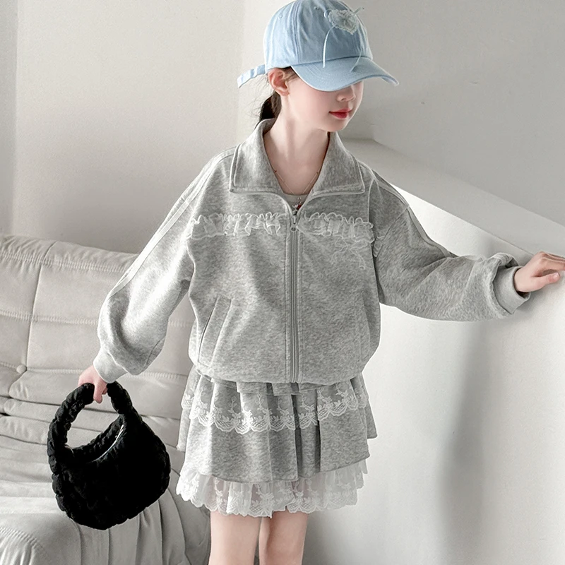 甜美风女童春装套裙3-15岁2025新款休闲外套儿童装蕾丝裙两件套潮