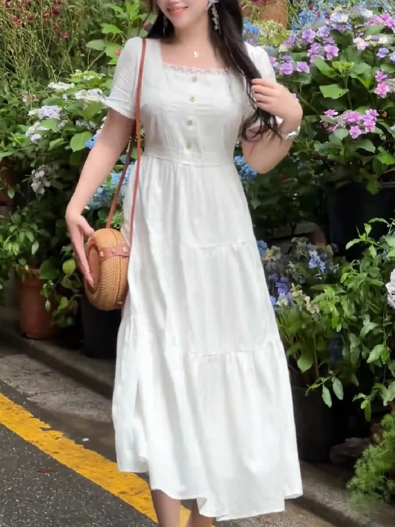 法式甜美风短袖连衣裙女2025夏季新款方领初恋时尚蕾丝仙女裙7299