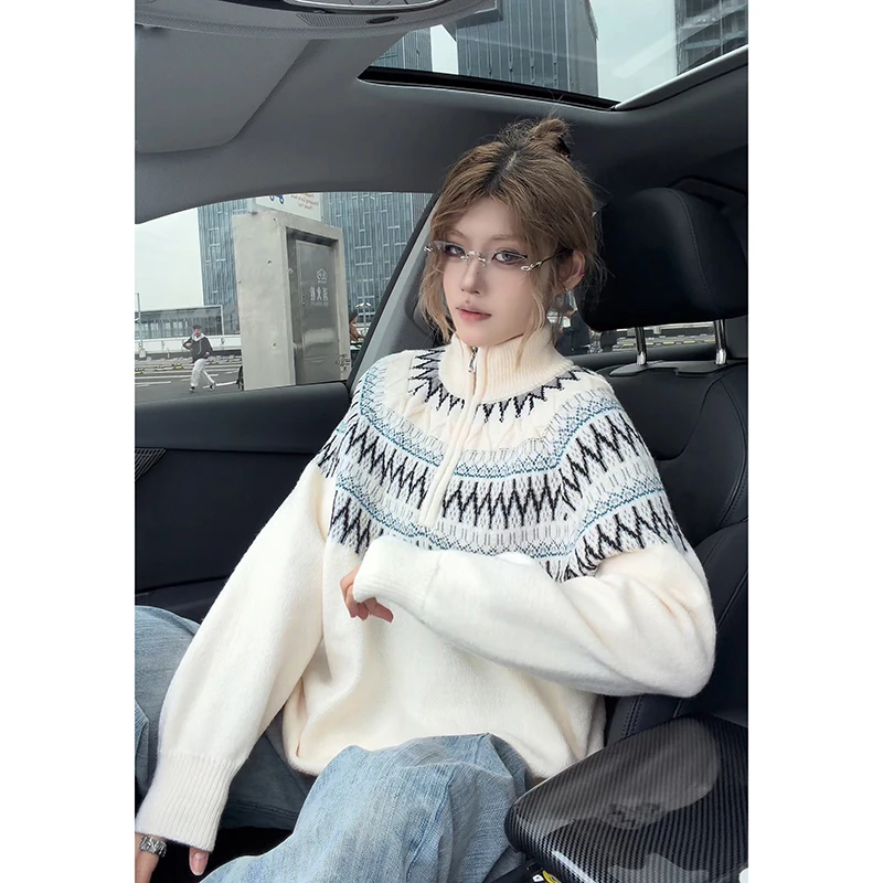 半高领拉链费尔岛毛衣男女秋冬款宽松慵懒风美式复古民族风针织衫