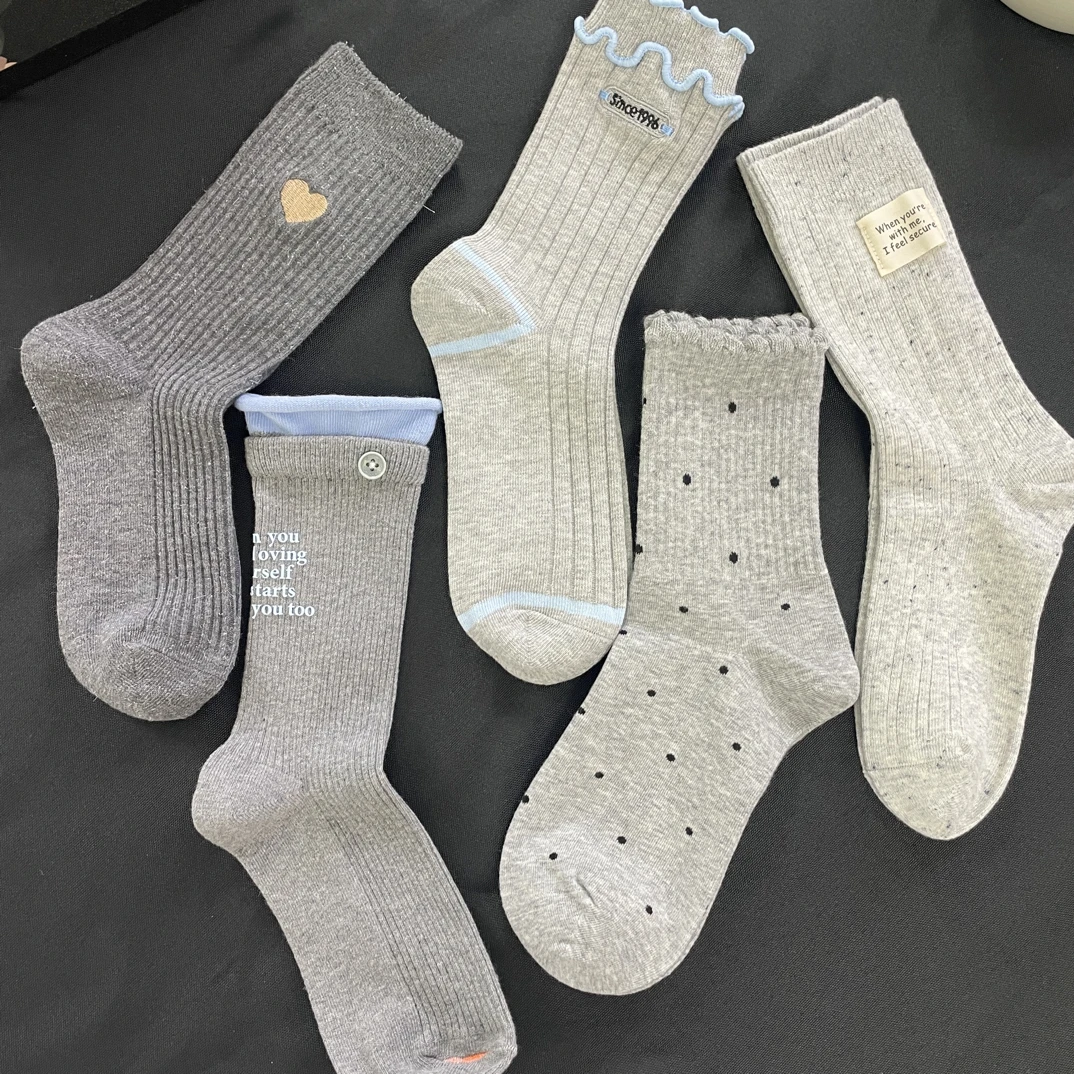 A59女款秋冬灰色系列百搭舒适中筒女袜简约时尚堆堆袜纯棉袜子