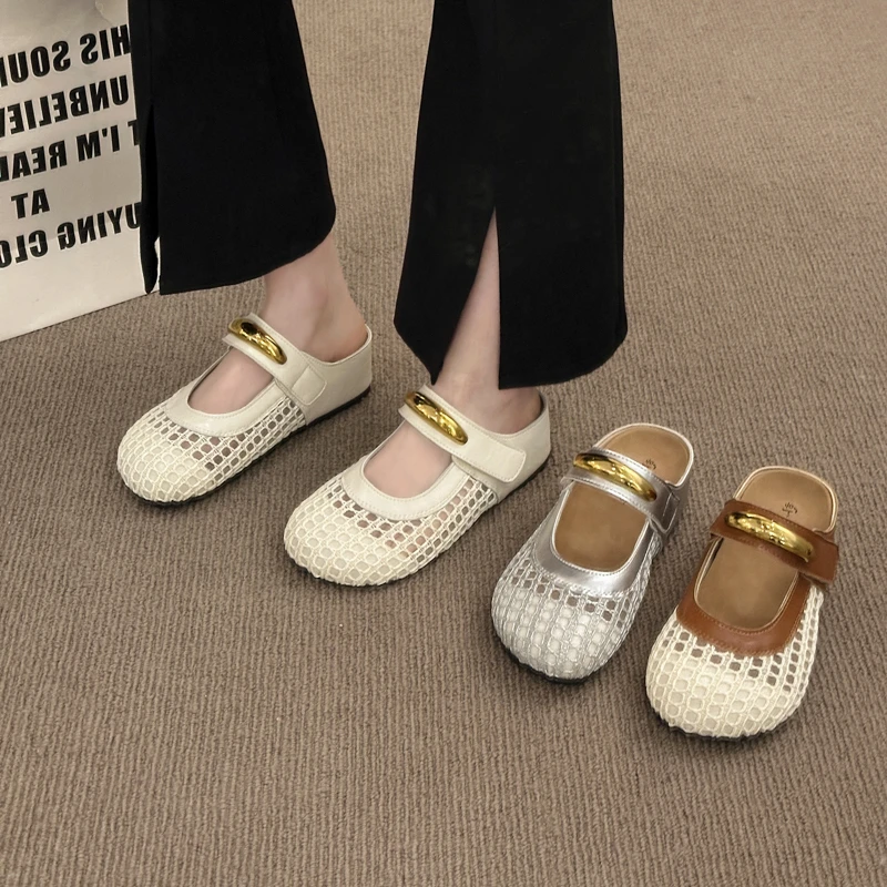 厚底内增高勃肯鞋渔网面包头半拖鞋女夏外穿2025新款一脚蹬凉拖鞋