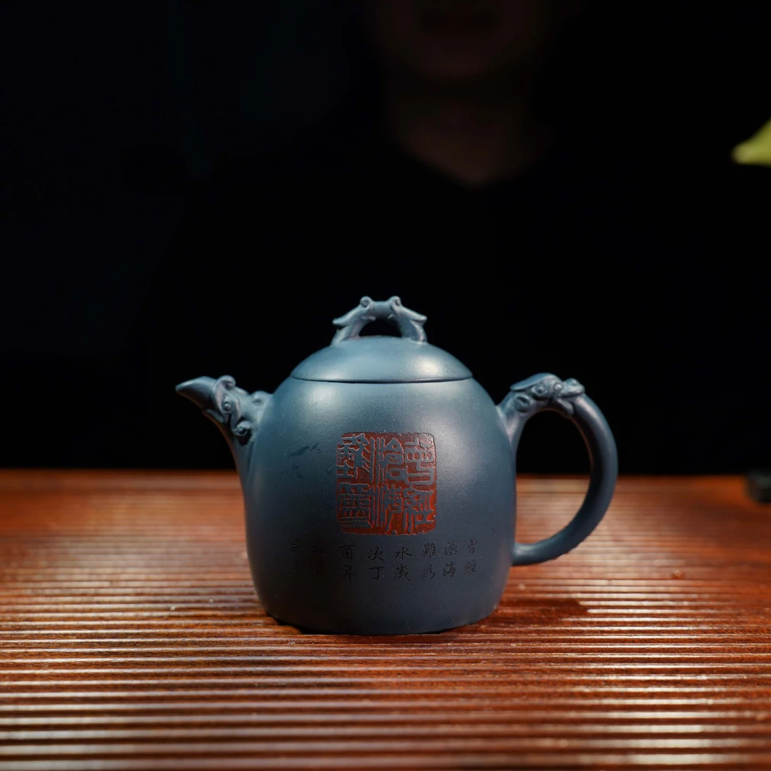DT283双龙秦权天青泥全手工紫砂壶