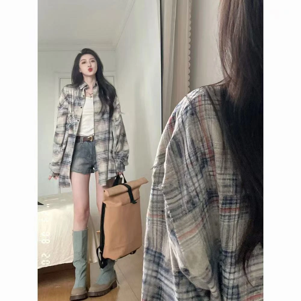 高级感格子衬衫女夏季撞色拼接衬衣oversize美式复古开衫防晒外套
