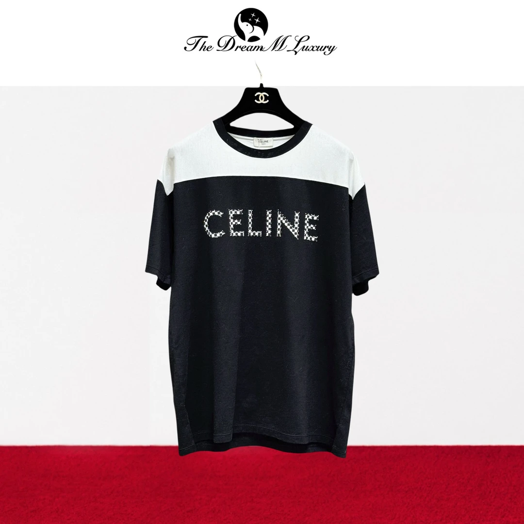 99新 Celine/思琳 s码 黑色拼白色 马赛克字母 短袖 T恤