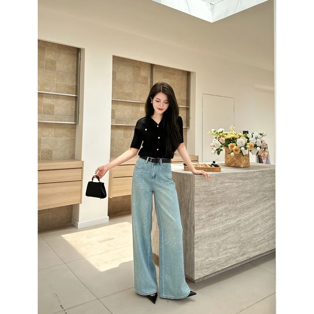 牛仔裤女手工甩色烫银工艺牛仔阔腿裤89270