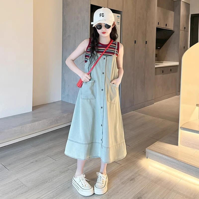 女童夏装套装2025新款儿童洋气吊带连衣裙大童女孩网红背心两件套