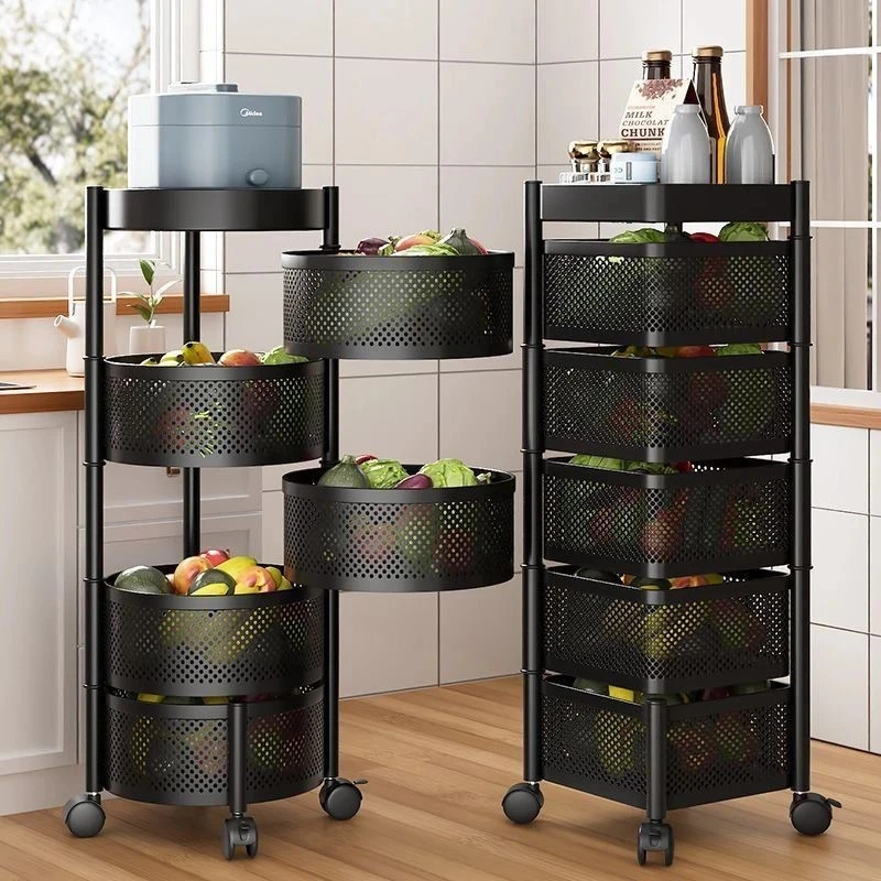 厨房收纳旋转置物架多功能居家免安装落地金属柜多层水果蔬菜篮子