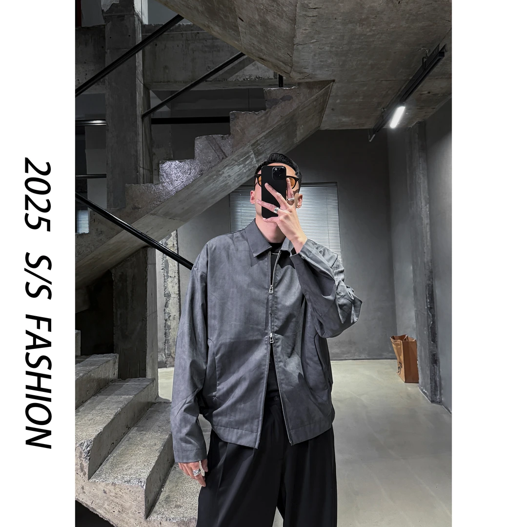 【叶继枫】25 S/S“哈灵顿” 老钱风极简复古皮衣翻领暗纹皮夹克外套