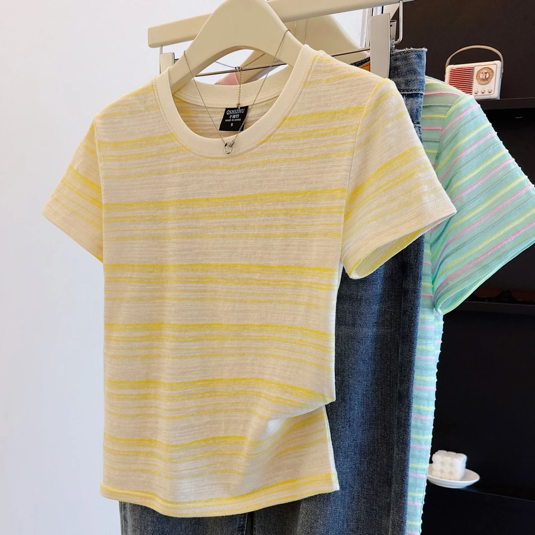 9159#新款洋气减龄宽松条纹短袖T恤衫设计感撞色百搭显瘦半袖上夏
