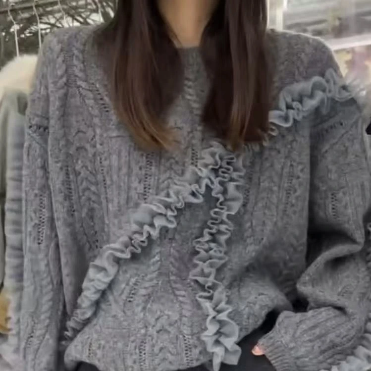 软糯毛衣女新款时尚百搭绞花网纱木耳边针织衫上衣8502