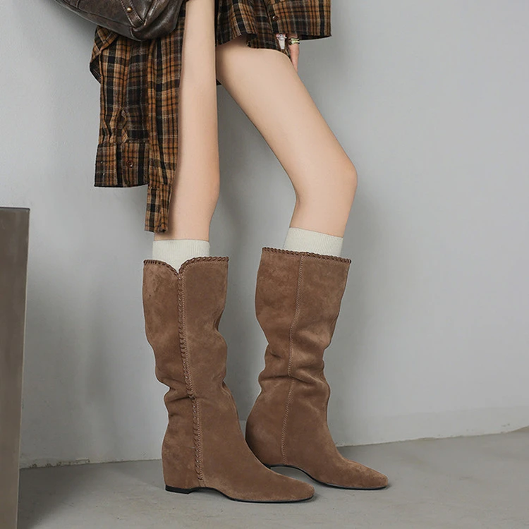 两穿超显瘦斜口高丝光牛皮 | 复古百搭内增初秋穿搭内增高长筒靴