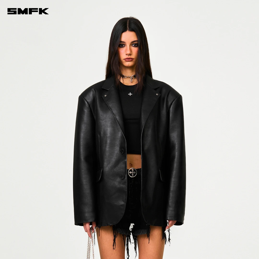 SMFK十字经典午夜西装 SU002BS1 黑色宽松廓形时尚皮衣外套