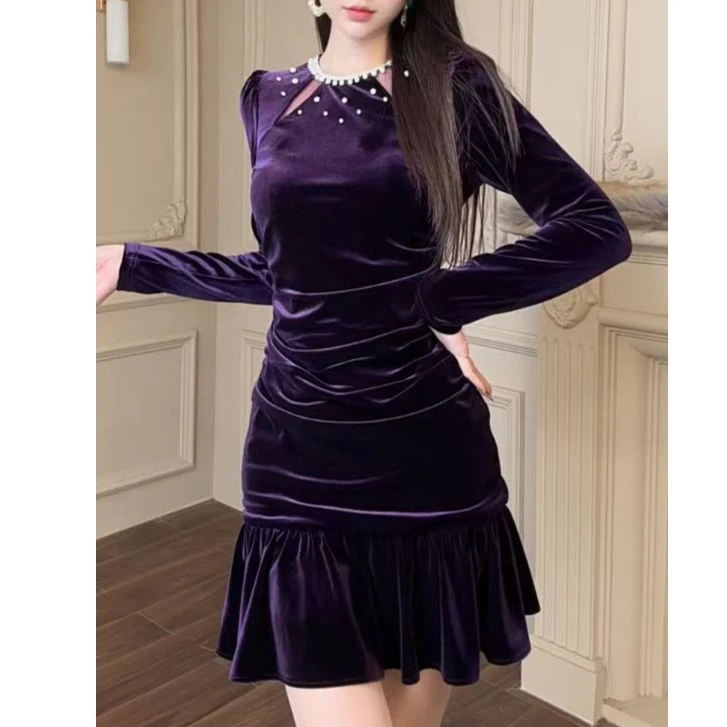秋冬新款气质女神高性感收腰显瘦包臀紫色连衣裙45047