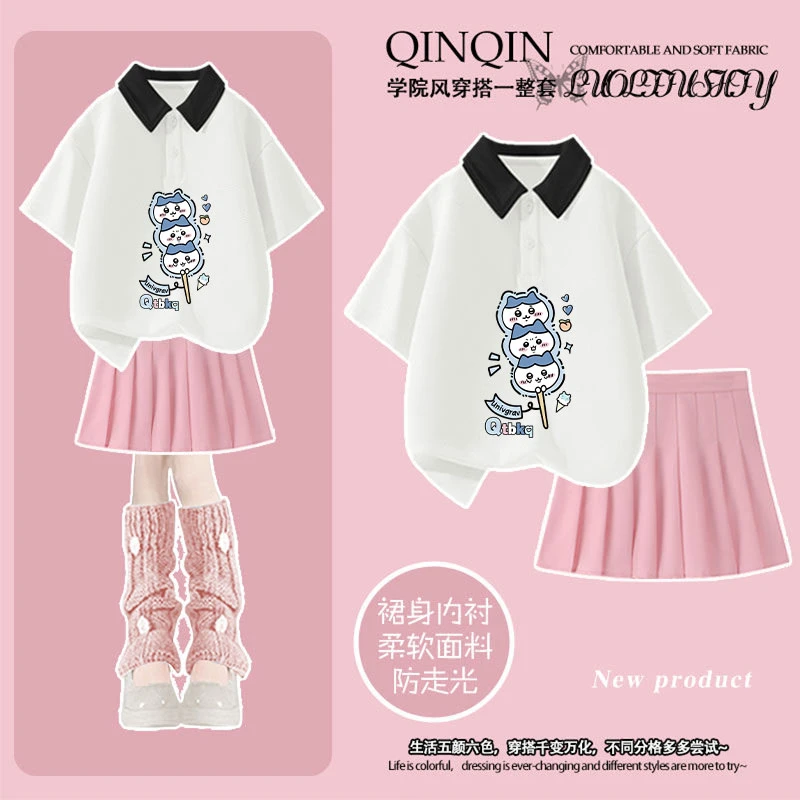 夏季新款女童POLO衫短袖T恤套装乌萨奇小八中大童短裙两件套上衣