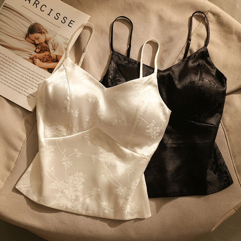 【热销新款】新中式提花缎面吊带背心女带胸垫内搭美背修身国风外穿