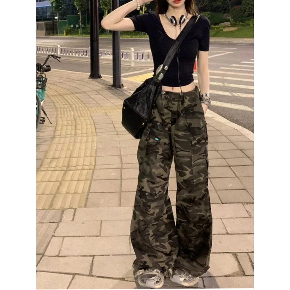 美式复古迷彩工装裤女高腰炸街甜酷辣妹风宽松显瘦直筒垂感休闲裤