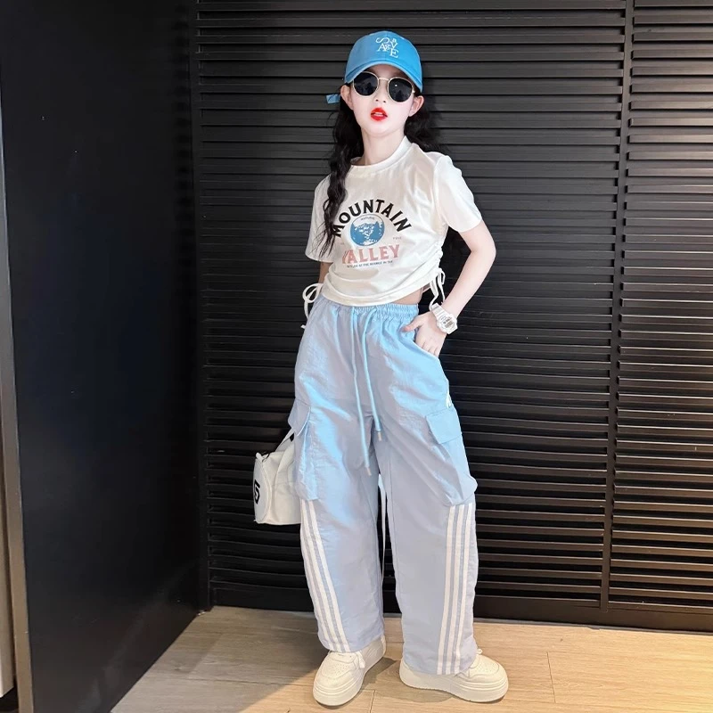 女童工装裤套装2025新款儿童裤子薄款洋气女大童运动阔腿裤夏装潮