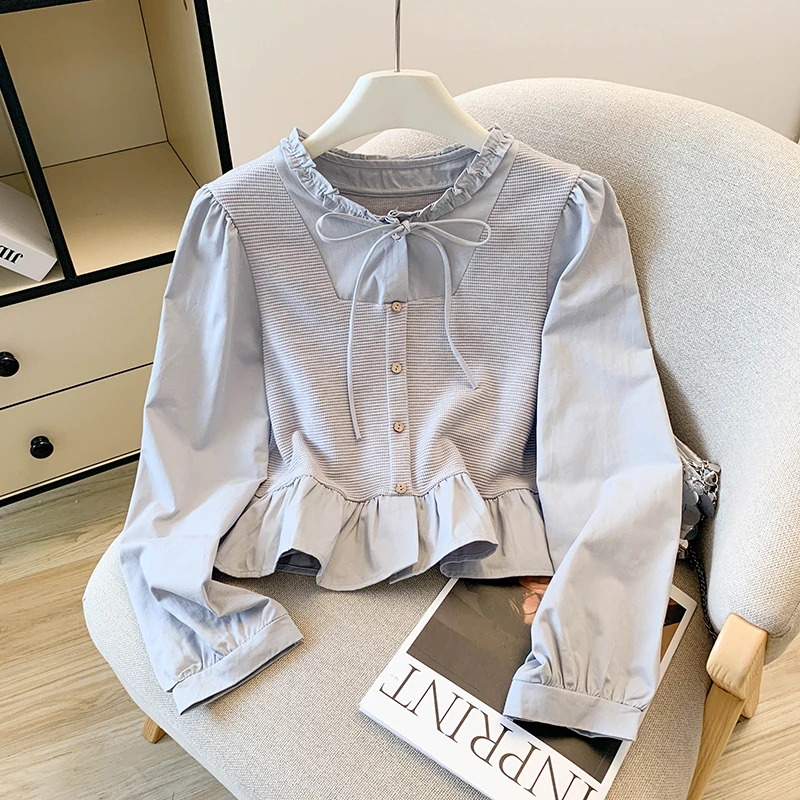 设计感假两件长袖衬衫女装秋季别致小个子法式系带木耳边短款衬衣