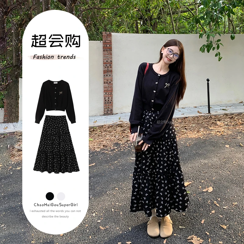 早秋新款配胸针圆领毛针织衫显瘦设计感上衣女蝴蝶结碎花半裙套装