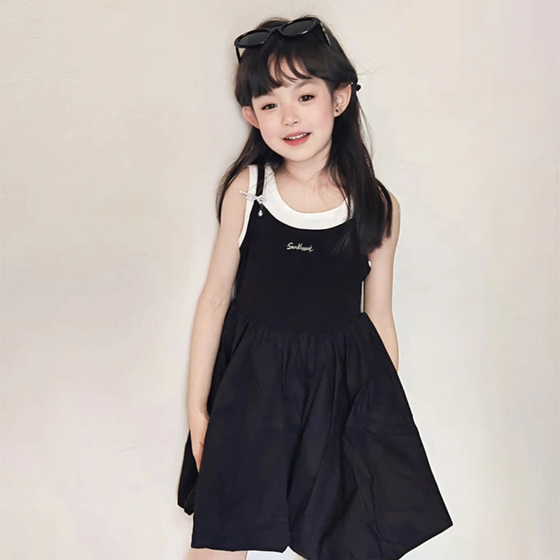 夏天衣服女童2025新款女孩冬装黑色背心裙儿童夏装时髦花苞连衣裙