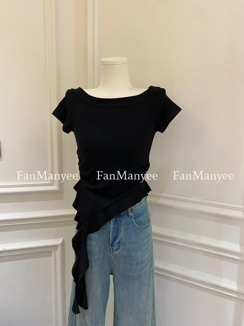 【北岛之恋】夏季韩版圆领不规则飘带修身显瘦短袖上衣05