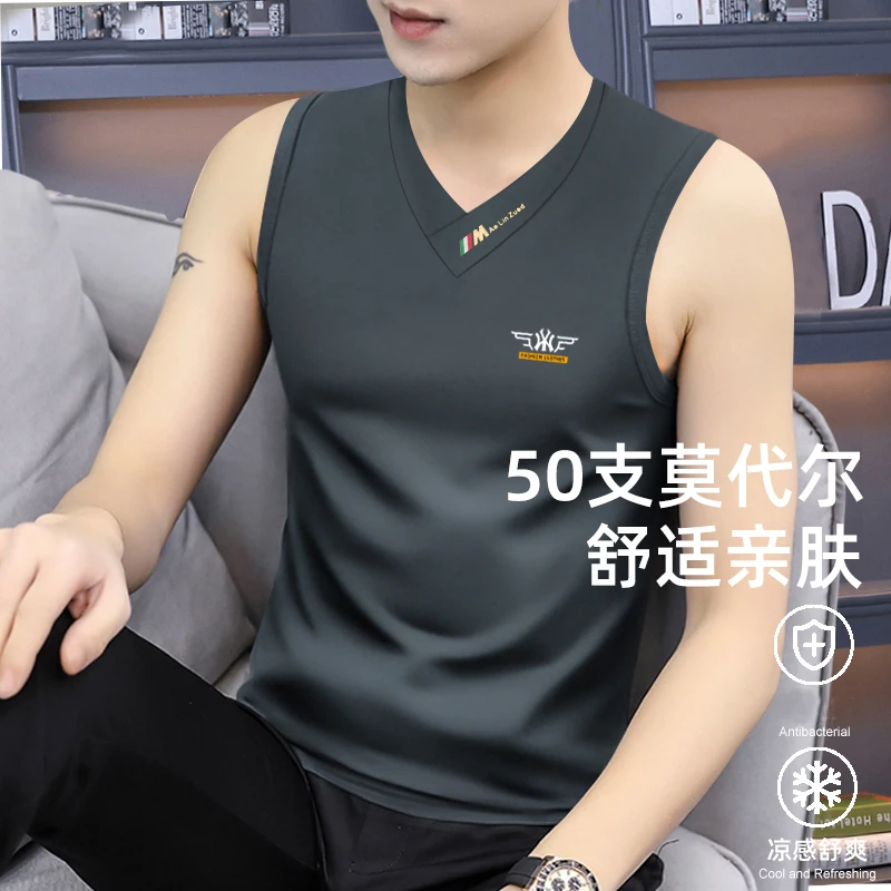 2026夏季男士V领宽肩印花背心T恤新款中老年透气打底衫上衣服