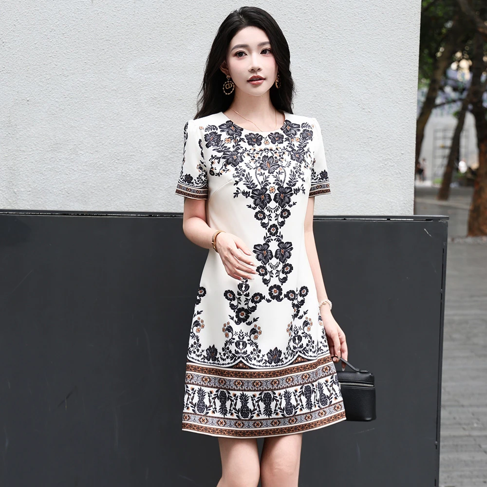 民族风复古连衣裙高品质2025夏季新款女装新中式印花宽松简约大码