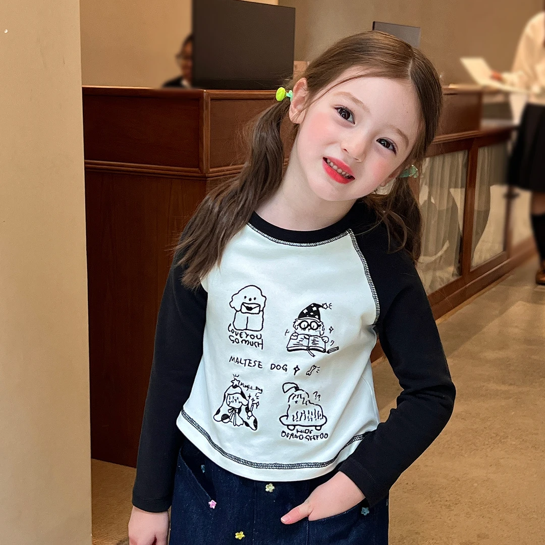 栀了成长记童装女童时尚可爱插肩袖T恤秋季裤子宝宝卡通绣花上衣