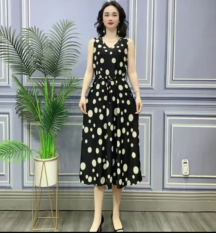 妈妈装v领洋气碎花气质显瘦中长款无袖连衣裙*510-3