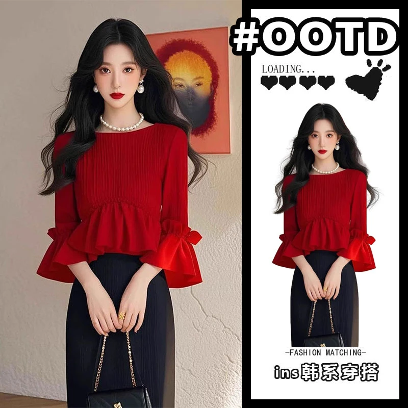 春季新款欧货复古小众设计感百搭休闲红色长袖上衣半身裙两件套女