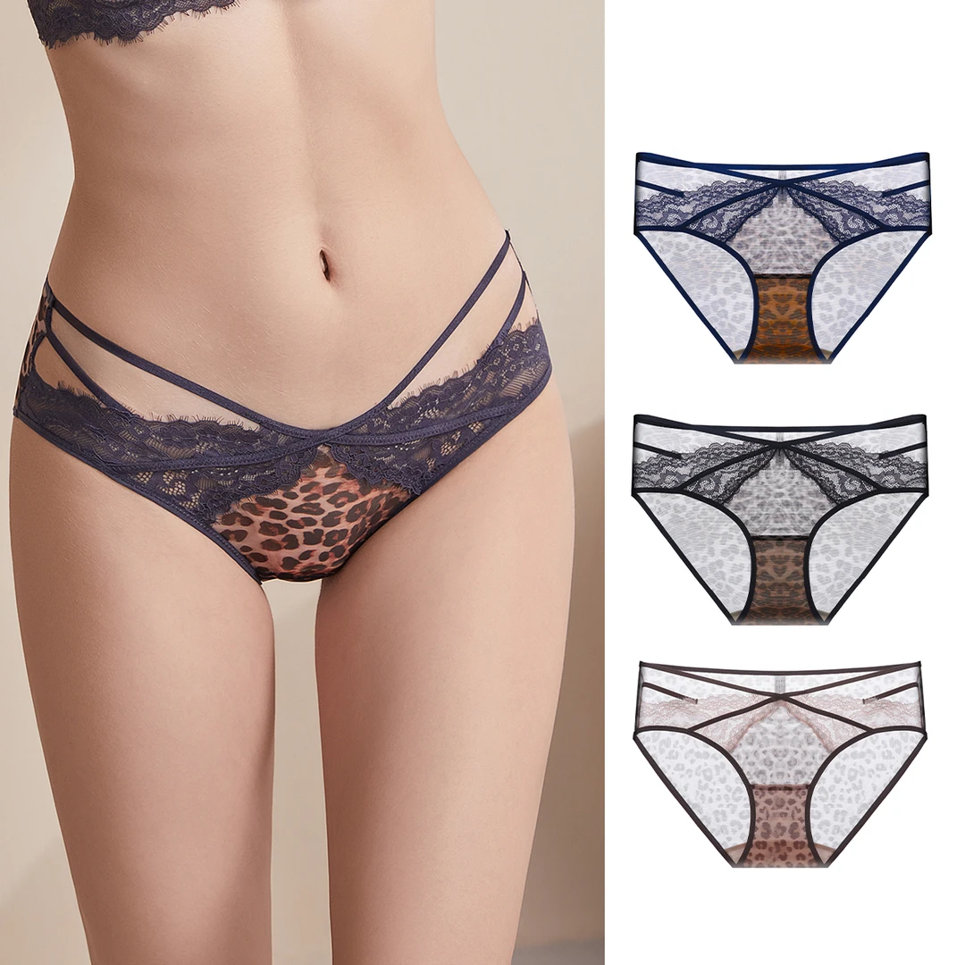 Mimi Angel新款透气蕾丝性感镂空豹纹睫毛内裤轻薄舒适中腰女士