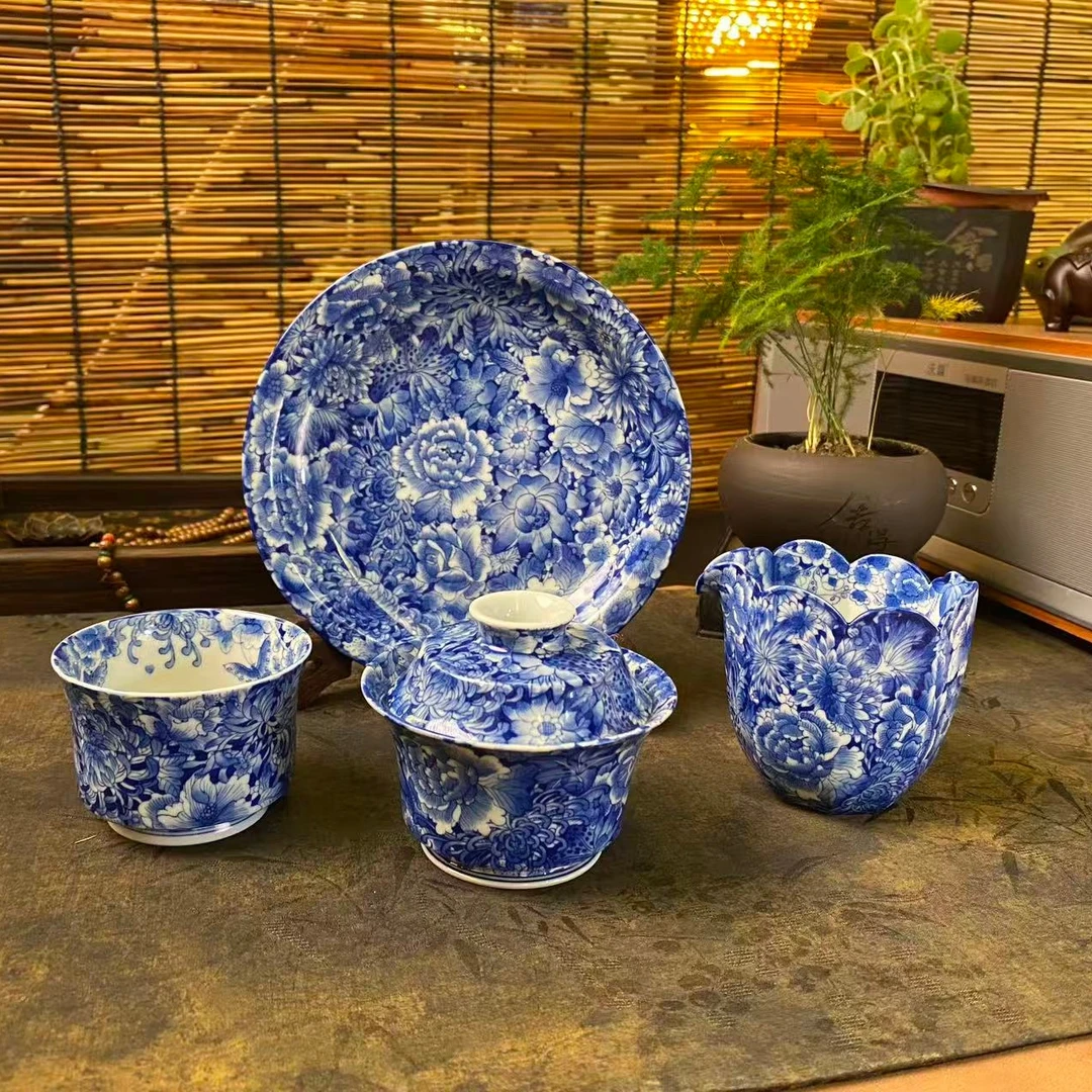 【四悦茶陶】青花万花套系 景德镇陶瓷手工手绘