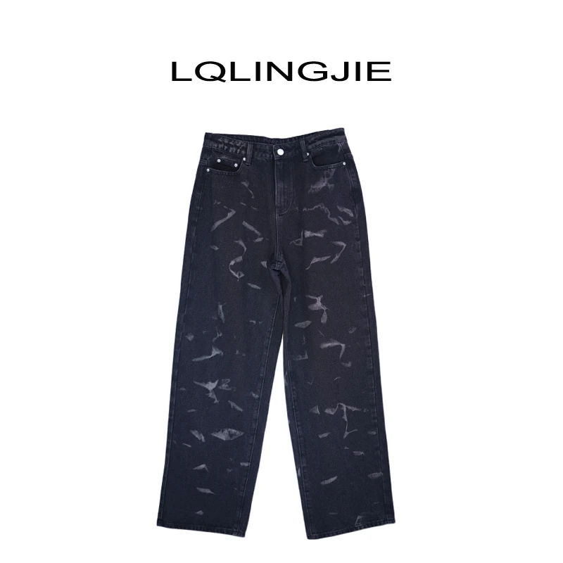 设计师款时尚宽松美式高街泼墨水洗牛仔裤4003