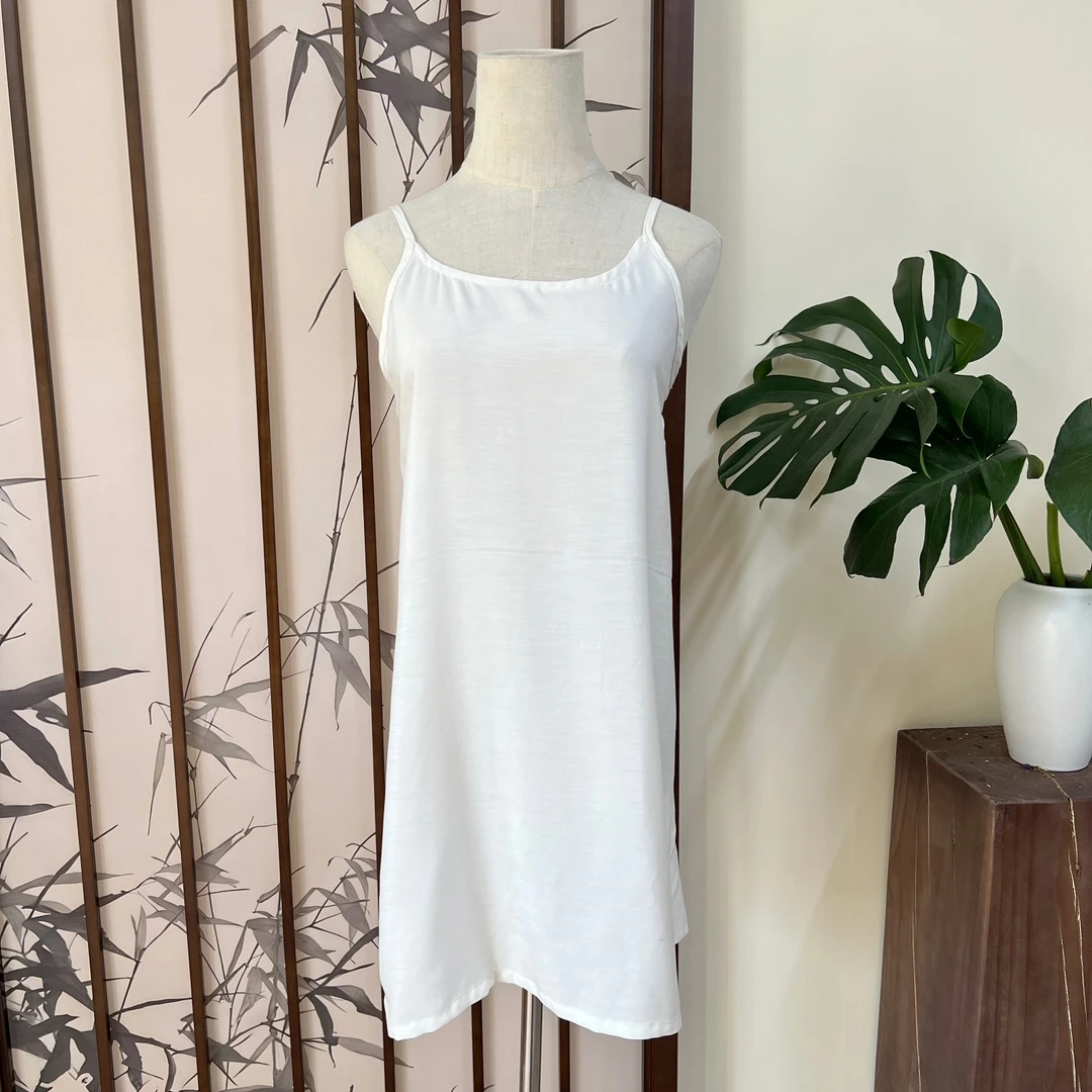 櫟丝御锦柞蚕丝夏季通勤内搭吊带宽松气质白色中长款打底衬裙无袖